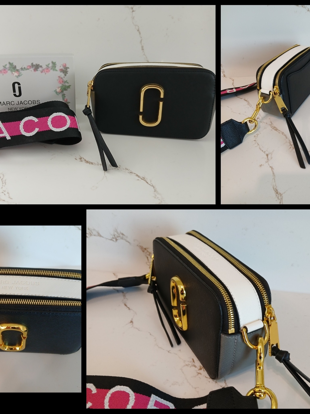 Marc Jacobs Black and White Leather Snapshot Crossbody with Pink Accent Strap